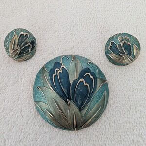 Vintage‎ Floral Brooch and Clip On Earrings Set Blue Gold Tone Jewelry